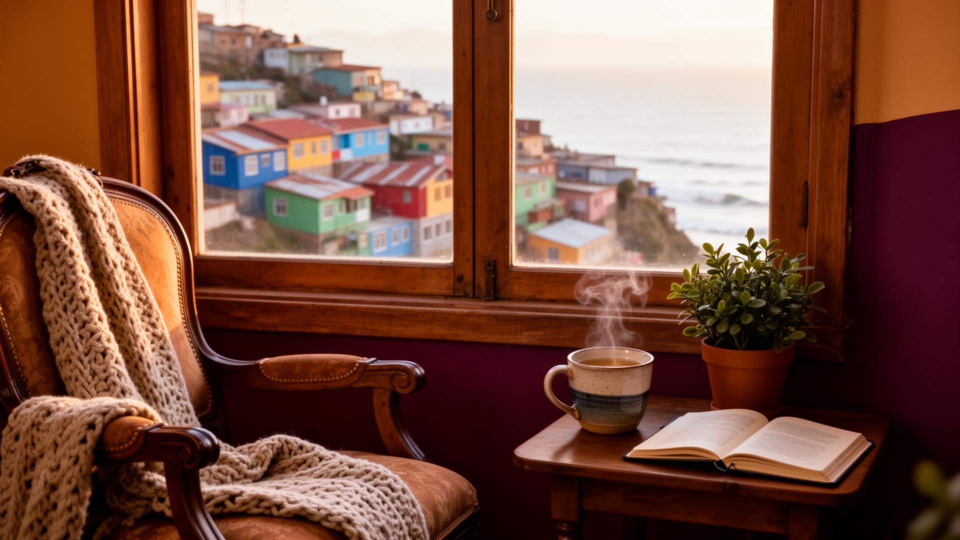 Rincón de lectura cálido con vista a los cerros coloridos de Valparaíso y el océano Pacífico